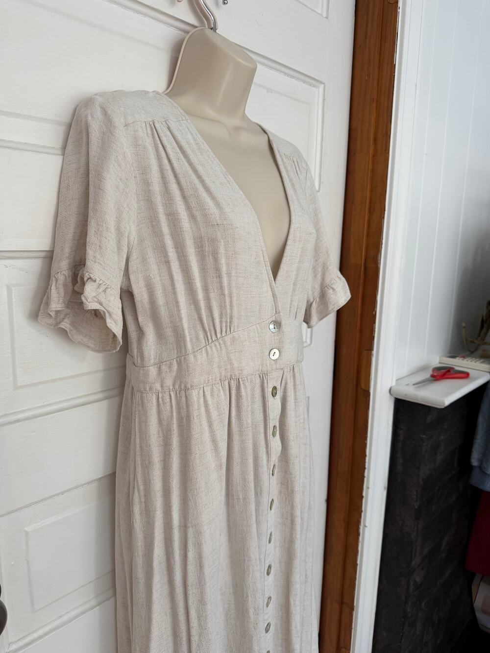 Petal n Pup USA US 10 Dress Ruffle Sleeve Button Beige 100% Linen Cottage Core